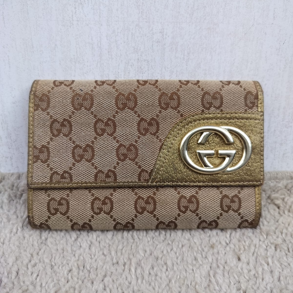 Gucci Tan and Gold Monogram Wallet